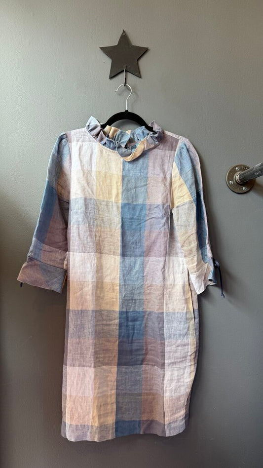 Linen Gingham Ruffle Neck Shift Dress