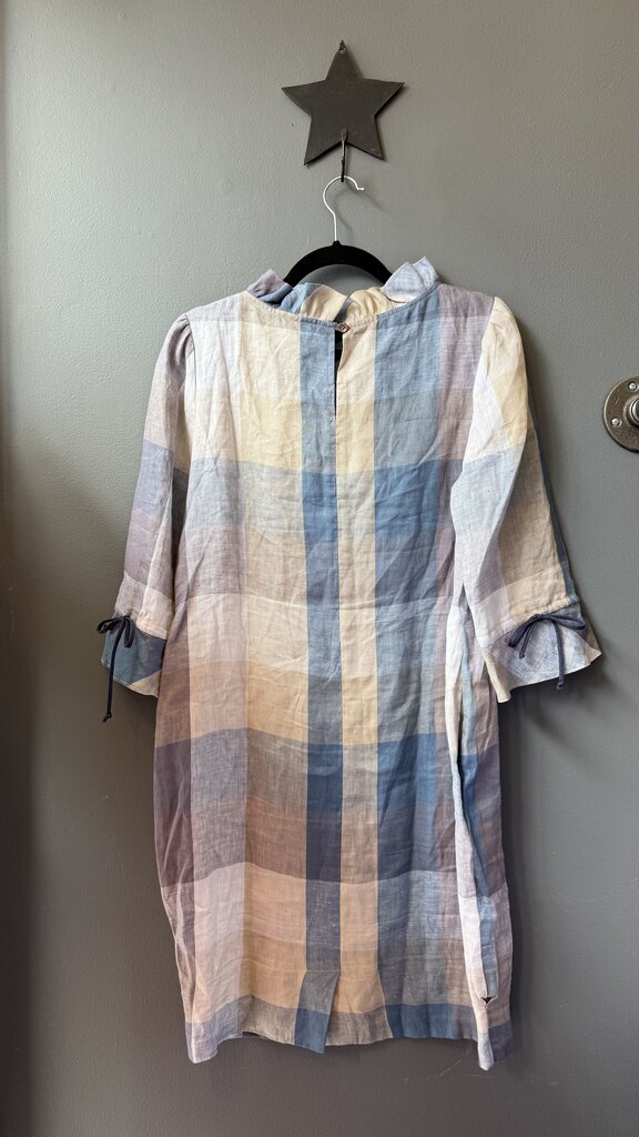 Linen Gingham Ruffle Neck Shift Dress