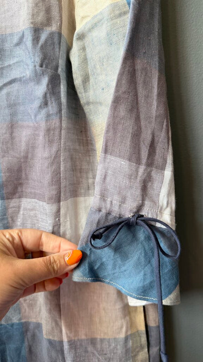 Linen Gingham Ruffle Neck Shift Dress