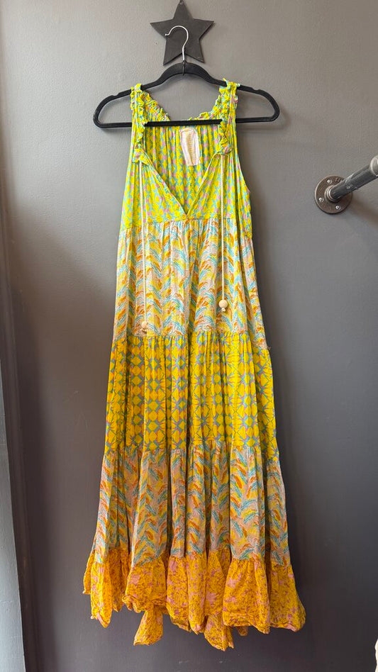 Cotton Tiered Mixed Print Maxi Dress