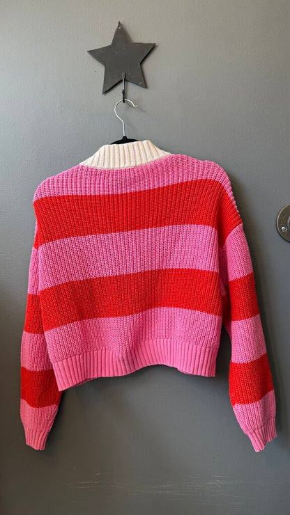 Ribbed Rugby Stripe Crop 1/4 Zip Sweater