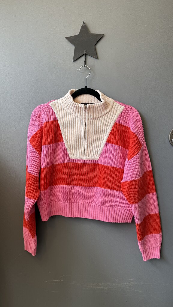Ribbed Rugby Stripe Crop 1/4 Zip Sweater