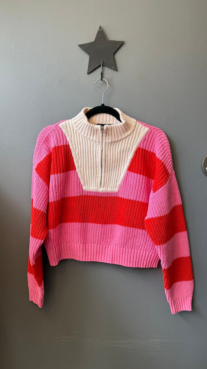Ribbed Rugby Stripe Crop 1/4 Zip Sweater