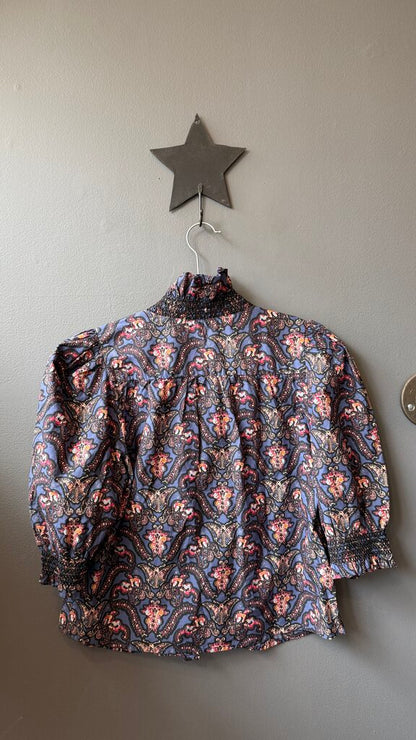 Smocked Collar Printed Blouse