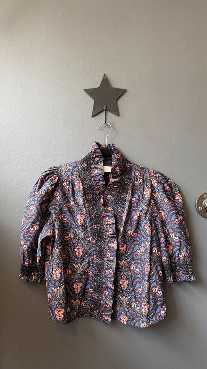 Smocked Collar Printed Blouse