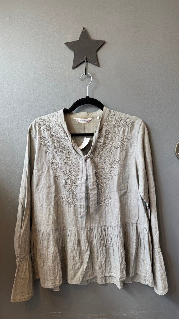 Cotton Embroidered Tie Neck Blouse