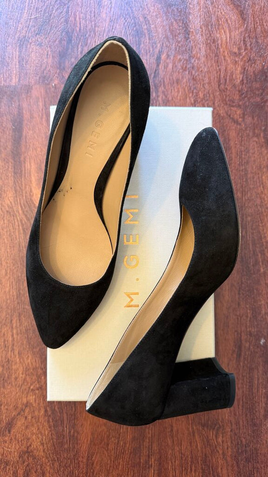 Suede Almond Toe Block Heels