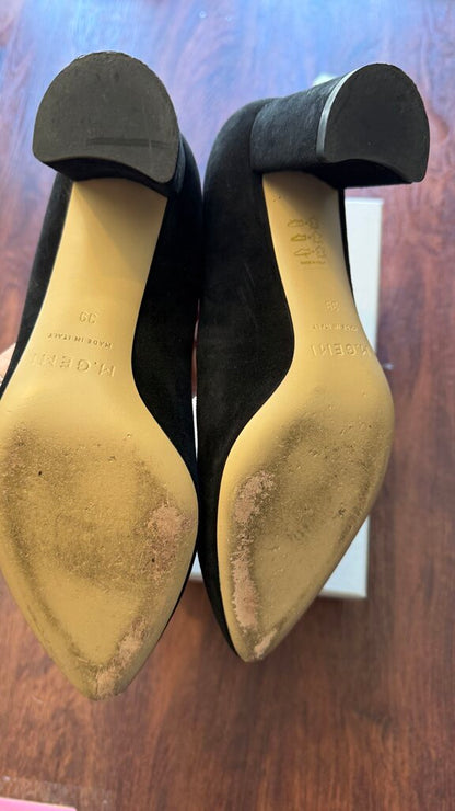 Suede Almond Toe Block Heels