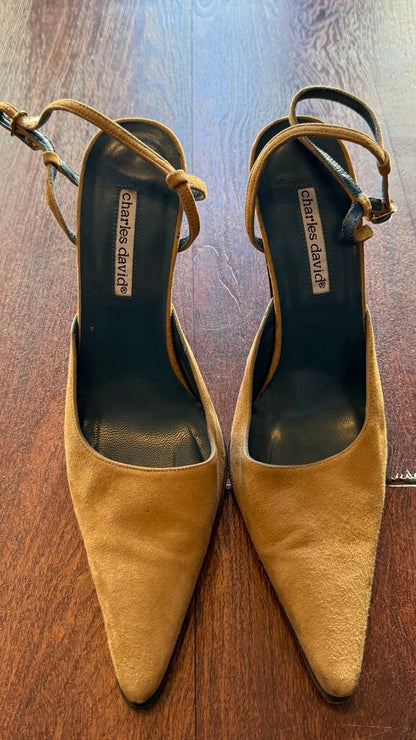 Vintage Suede Pointed Ankle Strap Heels