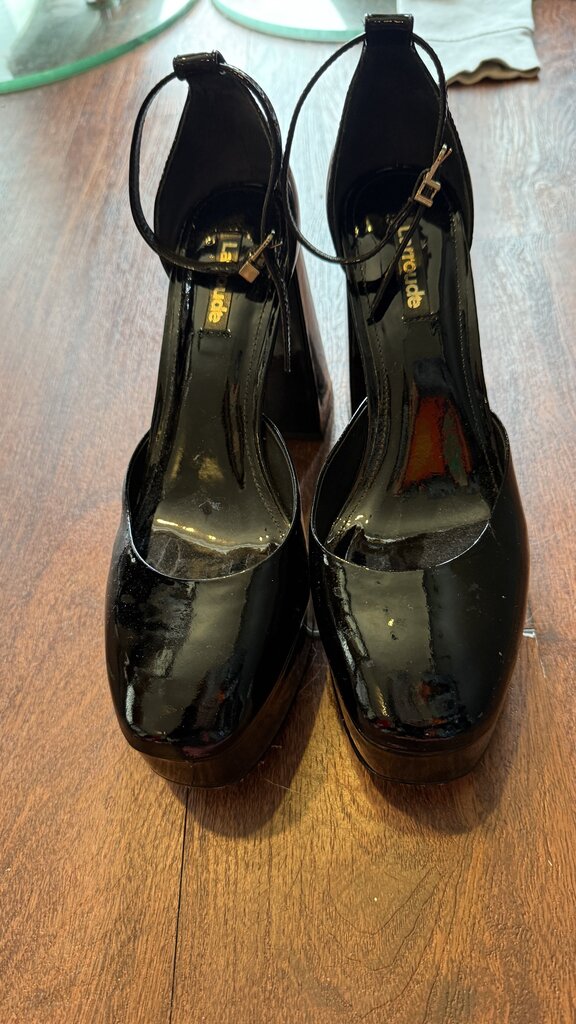 Patent Platform Ankle Strap Heels