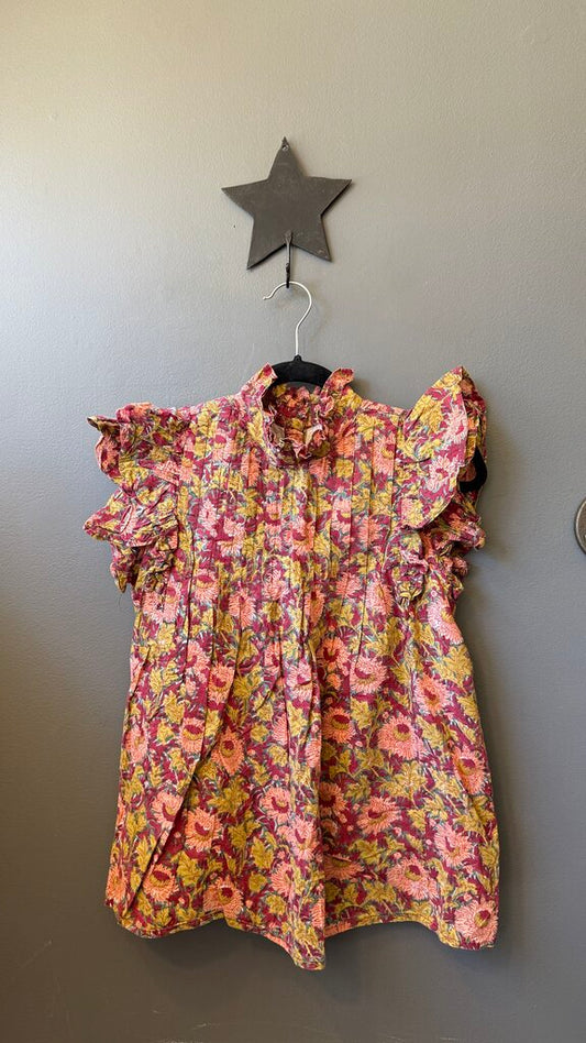 Floral Pleat Ruffle Neck Cotton Blouse