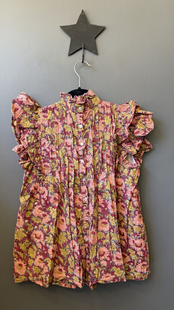 Floral Pleat Ruffle Neck Cotton Blouse