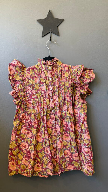 Floral Pleat Ruffle Neck Cotton Blouse